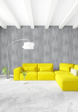 Modern çatı iç yatak odası veya oturma odası alanı ile eklektik duvar ile. 3D render.