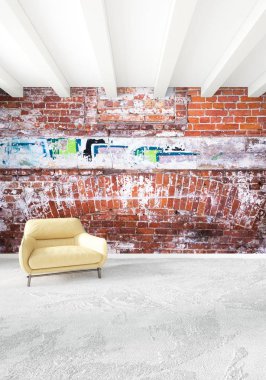 Modern çatı iç yatak odası veya oturma odası alanı ile eklektik duvar ile. 3D render.