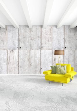 Modern çatı iç yatak odası veya oturma odası alanı ile eklektik duvar ile. 3D render.