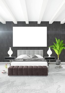 Dikey modern iç yatak odası veya oturma odası eklektik duvar ve boş çerçeve çizim boşaltmak için. 3D render