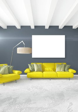 Dikey modern iç yatak odası veya oturma odası eklektik duvar ve boş çerçeve çizim boşaltmak için. 3D render