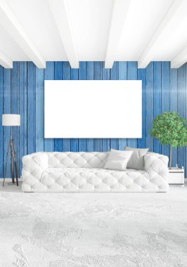 Dikey modern iç yatak odası veya oturma odası eklektik duvar ve boş çerçeve çizim boşaltmak için. 3D render