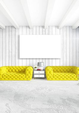 Dikey modern iç yatak odası veya oturma odası eklektik duvar ve boş çerçeve çizim boşaltmak için. 3D render