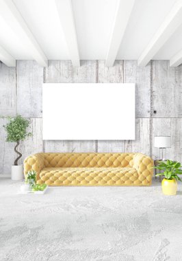 Dikey modern iç yatak odası veya oturma odası eklektik duvar ve boş çerçeve çizim boşaltmak için. 3D render