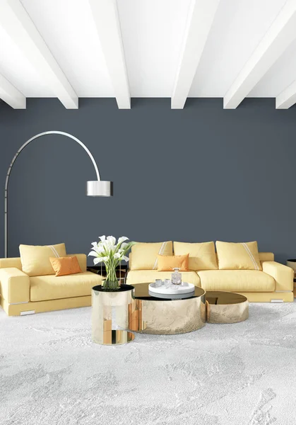 Modern çatı iç yatak odası veya oturma odası alanı ile eklektik duvar ile. 3D render.