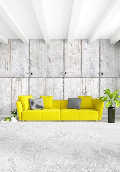 Moderno loft dormitorio interior o sala de estar con pared ecléctica con espacio. Renderizado 3D . —  Fotos de Stock