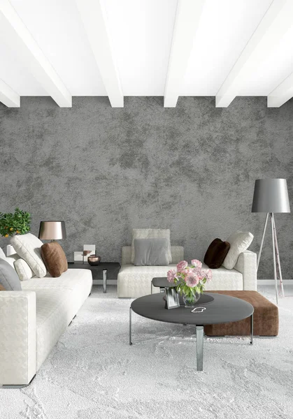 Modern çatı iç yatak odası veya oturma odası alanı ile eklektik duvar ile. 3D render.