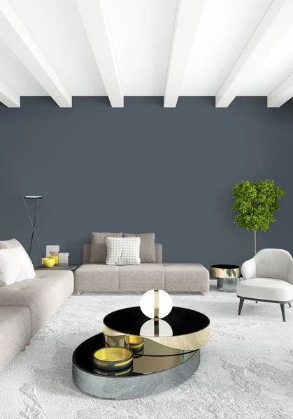 Modern çatı iç yatak odası veya oturma odası alanı ile eklektik duvar ile. 3D render.