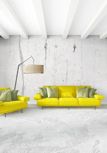 Modern çatı iç yatak odası veya oturma odası alanı ile eklektik duvar ile. 3D render.