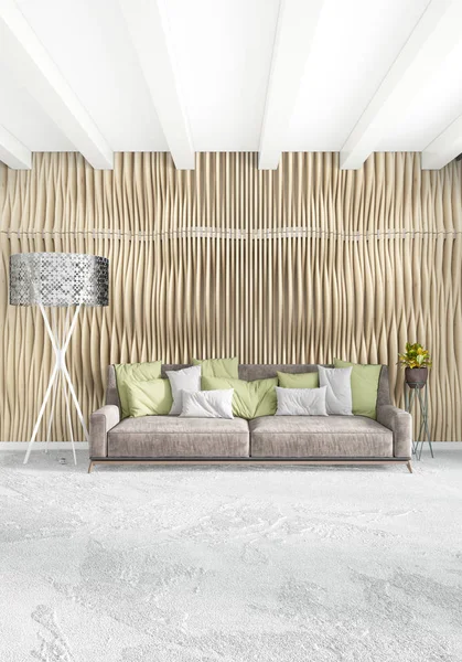 Modern çatı iç yatak odası veya oturma odası alanı ile eklektik duvar ile. 3D render.