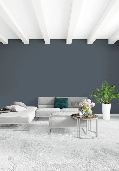 Modern çatı iç yatak odası veya oturma odası alanı ile eklektik duvar ile. 3D render.