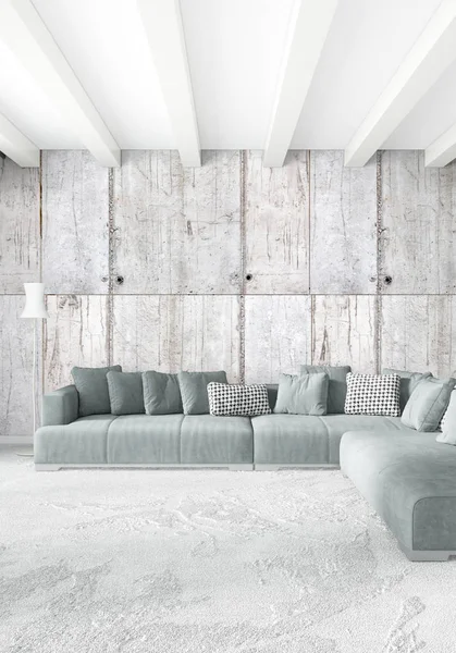 Modern çatı iç yatak odası veya oturma odası alanı ile eklektik duvar ile. 3D render.