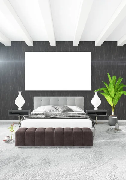 Dikey modern iç yatak odası veya oturma odası eklektik duvar ve boş çerçeve çizim boşaltmak için. 3D render