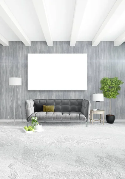 Dikey modern iç yatak odası veya oturma odası eklektik duvar ve boş çerçeve çizim boşaltmak için. 3D render