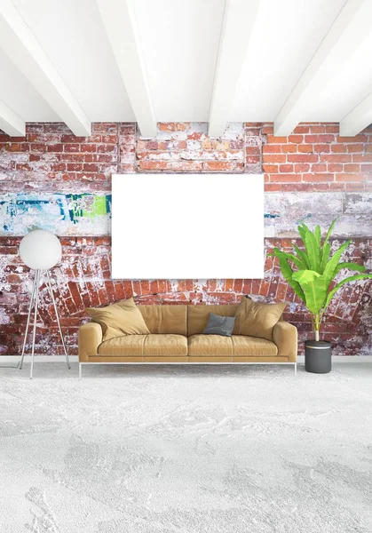 Dikey modern iç yatak odası veya oturma odası eklektik duvar ve boş çerçeve çizim boşaltmak için. 3D render