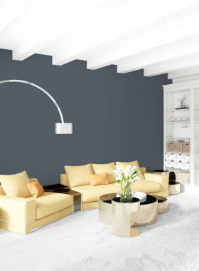 Modern çatı iç yatak odası veya oturma odası alanı ile eklektik duvar ile. 3D render.