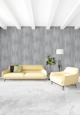 Modern çatı iç yatak odası veya oturma odası alanı ile eklektik duvar ile. 3D render.