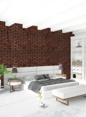 Modern çatı iç yatak odası veya oturma odası alanı ile eklektik duvar ile. 3D render.