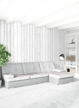 Modern çatı iç yatak odası veya oturma odası alanı ile eklektik duvar ile. 3D render.