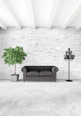 Modern çatı iç yatak odası veya oturma odası alanı ile eklektik duvar ile. 3D render.