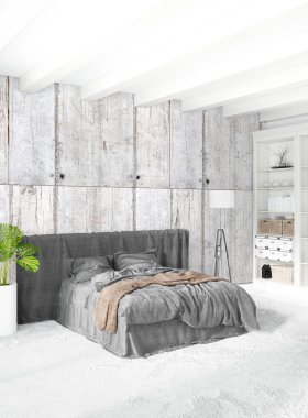 Modern çatı iç yatak odası veya oturma odası alanı ile eklektik duvar ile. 3D render.