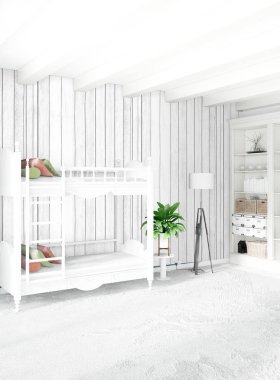 Modern çatı iç bebek odası veya kreş alanı ile eklektik duvar ile. 3D render.