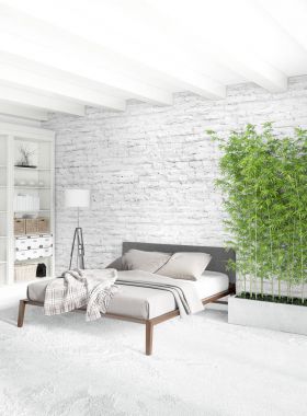 Modern çatı iç yatak odası veya oturma odası alanı ile eklektik duvar ile. 3D render.