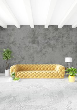 Modern çatı iç yatak odası veya oturma odası alanı ile eklektik duvar ile. 3D render.