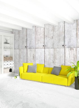 Modern çatı iç yatak odası veya oturma odası alanı ile eklektik duvar ile. 3D render.