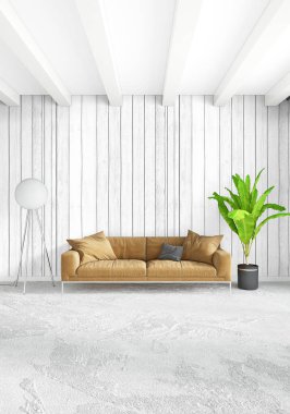 Modern çatı iç yatak odası veya oturma odası alanı ile eklektik duvar ile. 3D render.