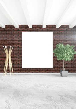 Dikey modern iç yatak odası veya oturma odası eklektik duvar ve boş çerçeve çizim boşaltmak için. 3D render