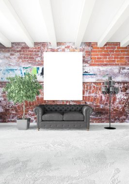 Dikey modern iç yatak odası veya oturma odası eklektik duvar ve boş çerçeve çizim boşaltmak için. 3D render