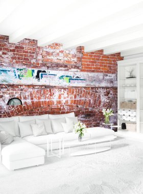 Modern çatı iç yatak odası veya oturma odası alanı ile eklektik duvar ile. 3D render.