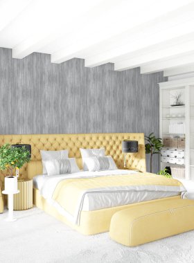 Modern çatı iç yatak odası veya oturma odası alanı ile eklektik duvar ile. 3D render.