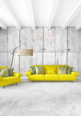 Modern çatı iç yatak odası veya oturma odası alanı ile eklektik duvar ile. 3D render.