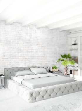 Modern çatı iç yatak odası veya oturma odası alanı ile eklektik duvar ile. 3D render.