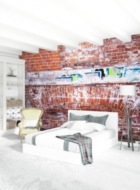 Modern çatı iç yatak odası veya oturma odası alanı ile eklektik duvar ile. 3D render.