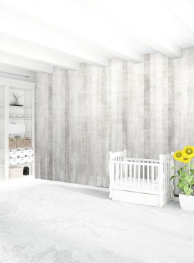 Modern çatı iç bebek odası veya kreş alanı ile eklektik duvar ile. 3D render.