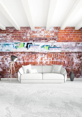 Modern çatı iç yatak odası veya oturma odası alanı ile eklektik duvar ile. 3D render.