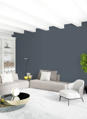 Modern çatı iç yatak odası veya oturma odası alanı ile eklektik duvar ile. 3D render.