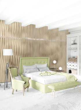 Modern çatı iç yatak odası veya oturma odası alanı ile eklektik duvar ile. 3D render.