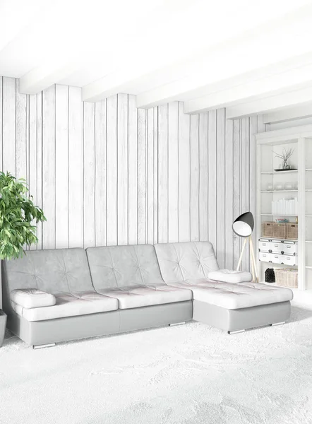 Modern çatı iç yatak odası veya oturma odası alanı ile eklektik duvar ile. 3D render.