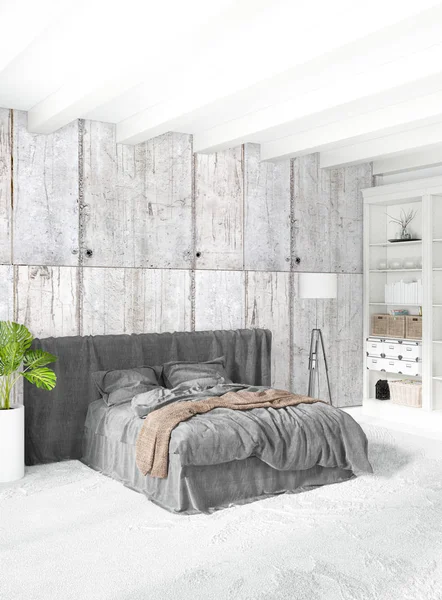 Modern çatı iç yatak odası veya oturma odası alanı ile eklektik duvar ile. 3D render.