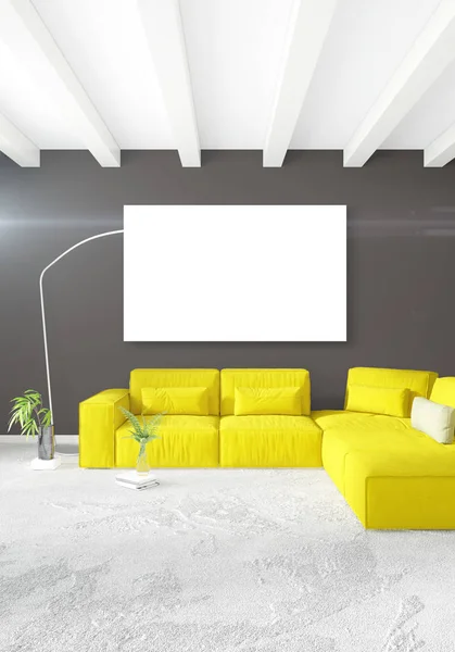 Vertikale moderne Innenraum Schlafzimmer oder Wohnzimmer mit eklektischer Wand und leerem Rahmen für Copyspace-Zeichnung. 3D-Darstellung — Stockfoto