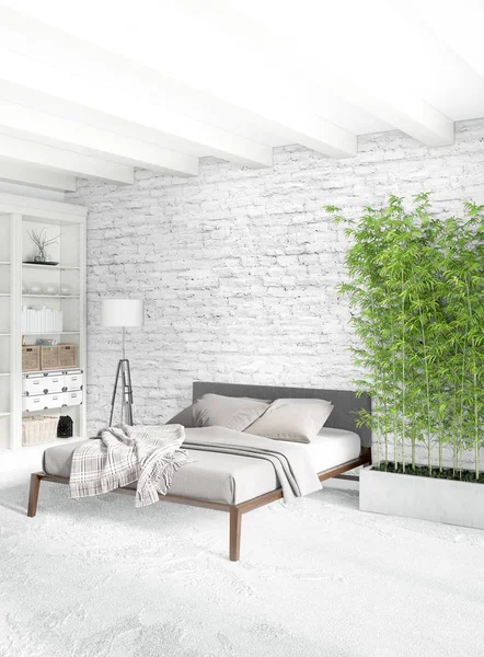 Modern çatı iç yatak odası veya oturma odası alanı ile eklektik duvar ile. 3D render.