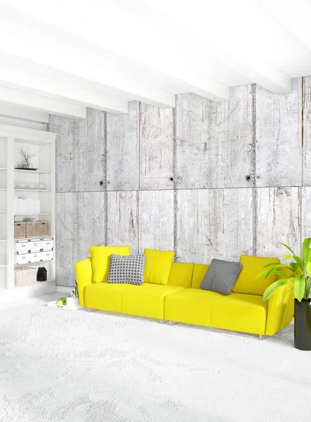 Modern çatı iç yatak odası veya oturma odası alanı ile eklektik duvar ile. 3D render.