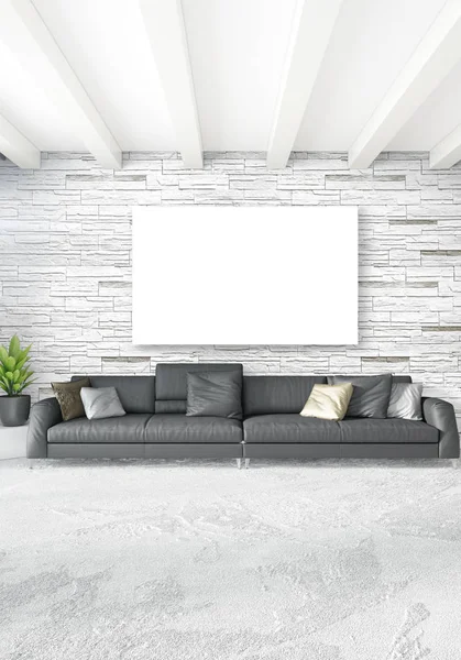 垂直的现代室内卧室或客厅的折衷墙和 copyspace 绘图空框架。3d 渲染 — 图库照片
