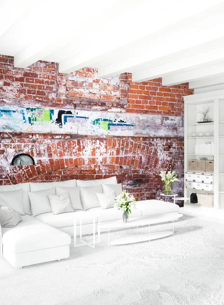 Modern çatı iç yatak odası veya oturma odası alanı ile eklektik duvar ile. 3D render.