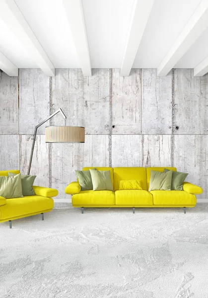 Modern çatı iç yatak odası veya oturma odası alanı ile eklektik duvar ile. 3D render.