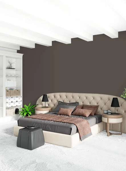 Moderno loft dormitorio interior o sala de estar con pared ecléctica con espacio. Renderizado 3D . —  Fotos de Stock